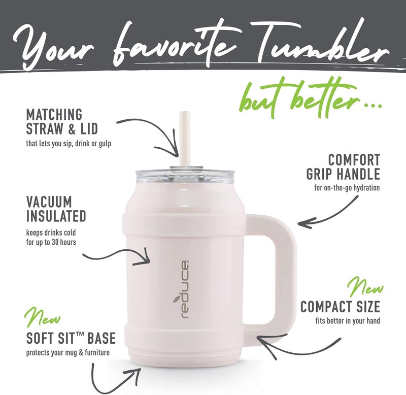 Reduce Reusable 32 oz Cold1 Water Tumbler – Ergonomic Handle – Double-Wall Insulation – Sturdy Desktop/Tabletop Mug with Lid and Straw – BPA-Free – Stainless Steel for Gym, Home, or Office– Cotton - Image 3